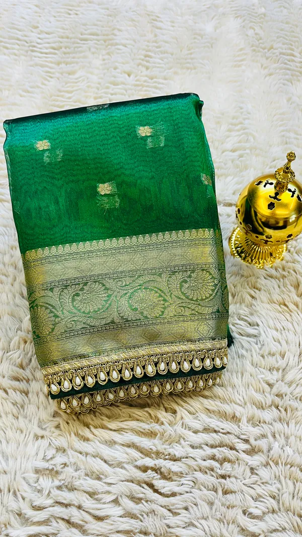 Green_Tissue_Silk_Zari_Buti_Lace_Border_Banarasi_Saree_For_Women