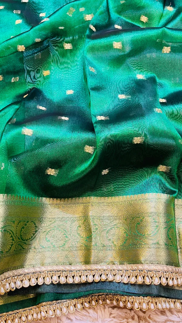 Green_Tissue_Silk_Zari_Buti_Lace_Border_Banarasi_Saree_For_Women
