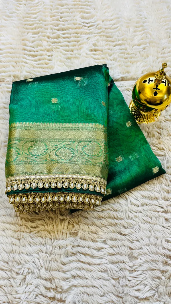 Green_Tissue_Silk_Zari_Buti_Lace_Border_Banarasi_Saree_For_Women