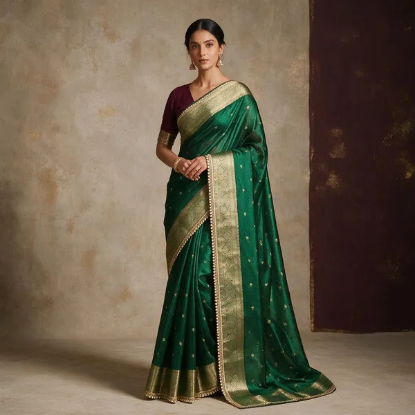 Green_Tissue_Silk_Zari_Buti_Lace_Border_Banarasi_Saree_For_Women