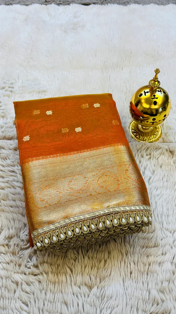 Orange_Tissue_Silk_Zari_Buti_Lace_Border_Banarasi_Saree_For_Women
