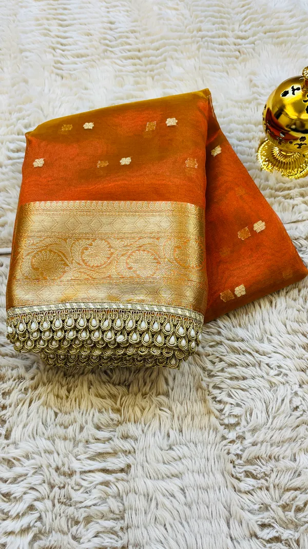 Orange_Tissue_Silk_Zari_Buti_Lace_Border_Banarasi_Saree_For_Women