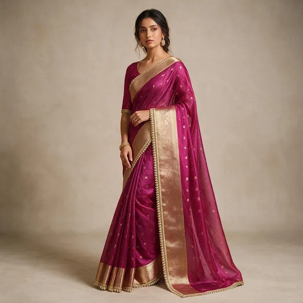 Rani_Pink_Tissue_Silk_Zari_Buti_Lace_Border_Banarasi_Saree_For_Women