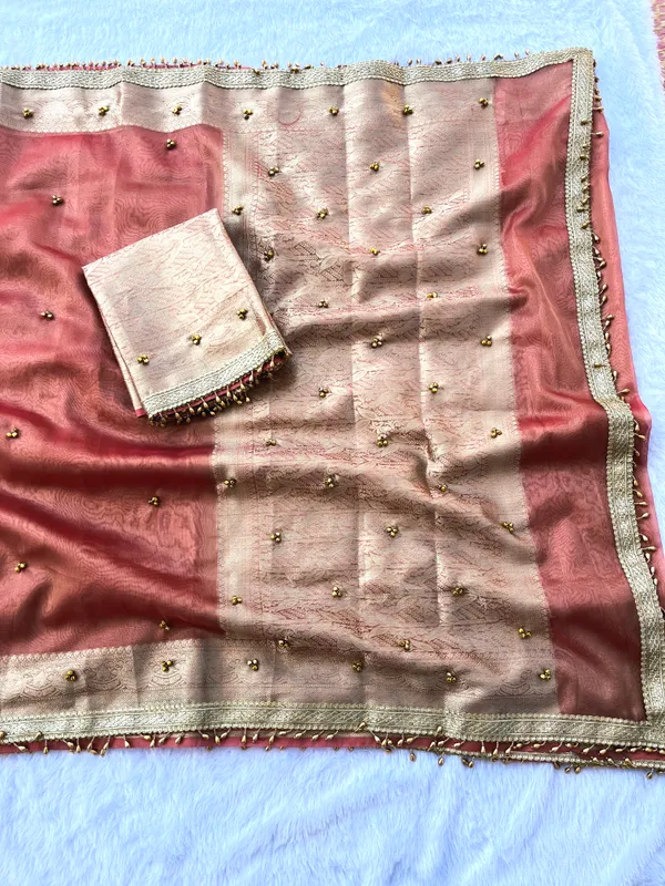 Peach_Viral_Ghungroo_Tissue_Silk_Saree_with_Banarasi_Zari_Woven_Pallu