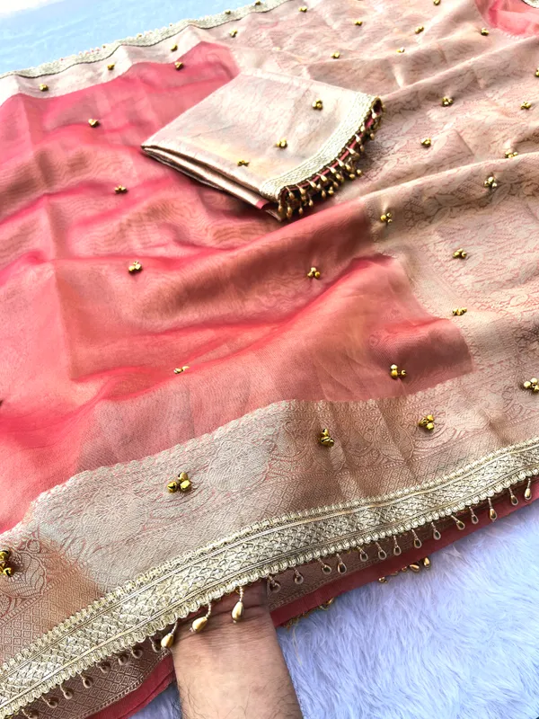Peach_Viral_Ghungroo_Tissue_Silk_Saree_with_Banarasi_Zari_Woven_Pallu