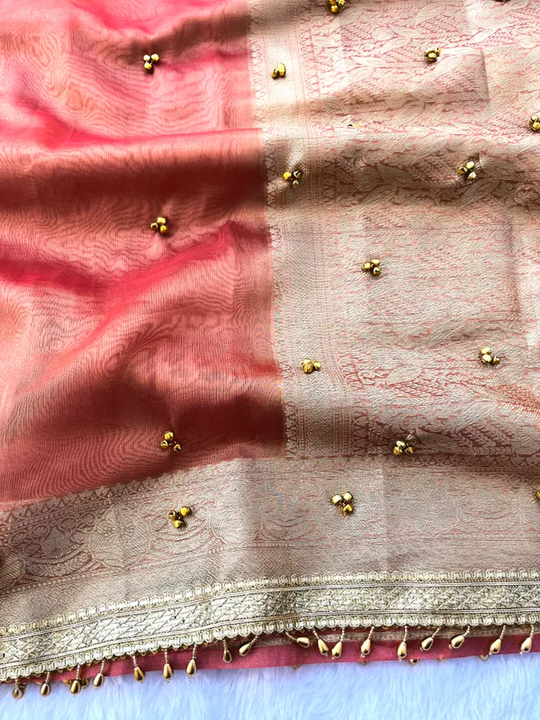 Peach_Viral_Ghungroo_Tissue_Silk_Saree_with_Banarasi_Zari_Woven_Pallu