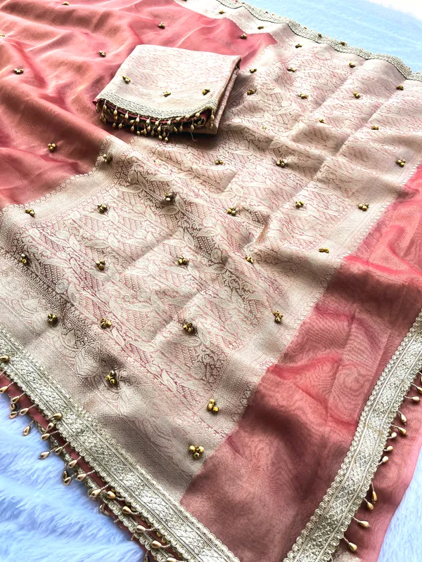 Peach_Viral_Ghungroo_Tissue_Silk_Saree_with_Banarasi_Zari_Woven_Pallu