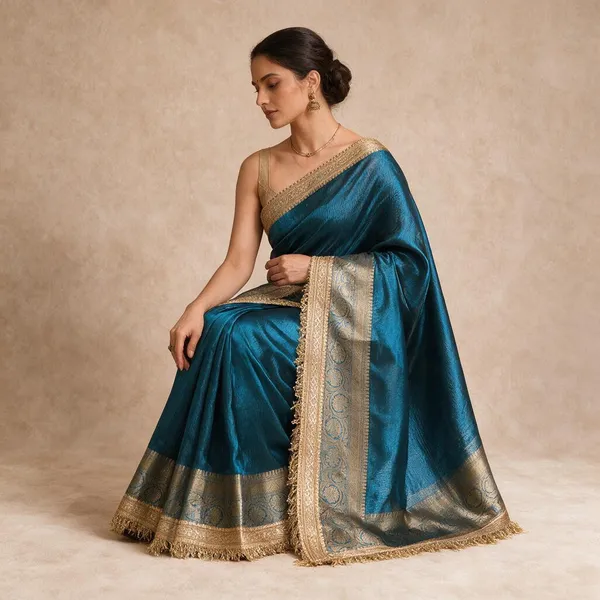 Peacock_Blue_Tissue_Silk_Plain_Body_Lace_Border_Banarasi_Saree_For_Women