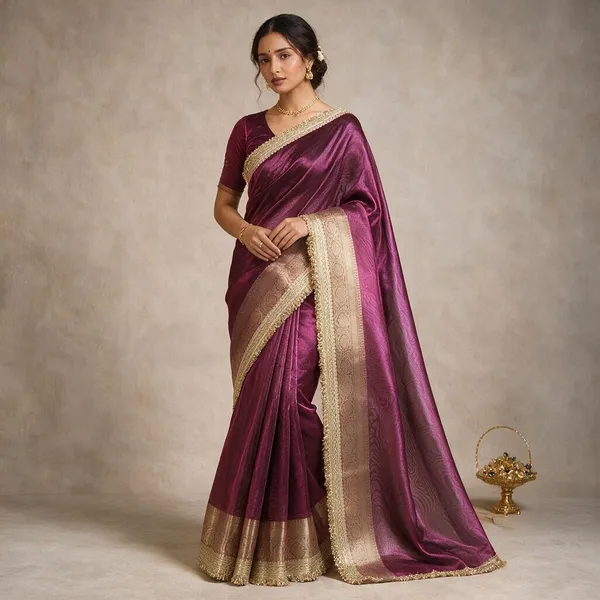 Dark_Purple_Tissue_Silk_Plain_Body_Lace_Border_Banarasi_Saree_For_Women