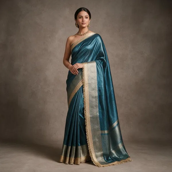 Peacock_Blue_Tissue_Silk_Plain_Body_Lace_Border_Banarasi_Saree_For_Women