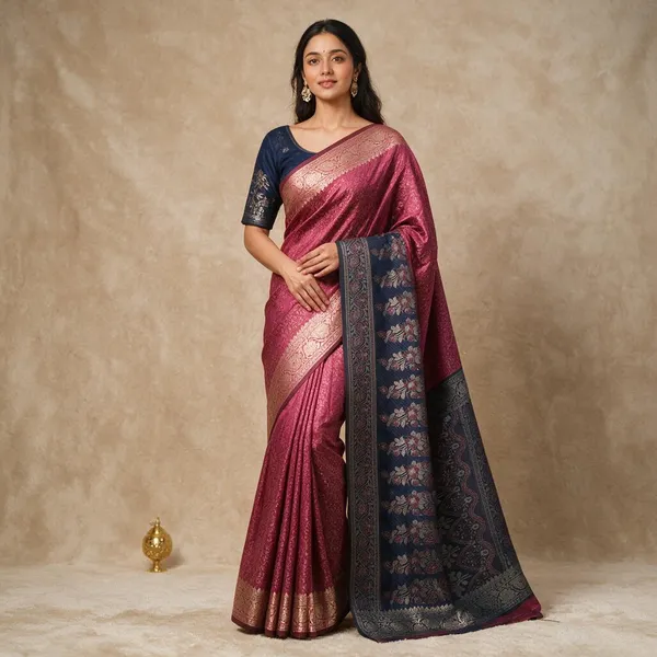 Rani_Pink_Soft_Silk_Jamdani_Tanchoi_Zari_Border_Saree_For_Women