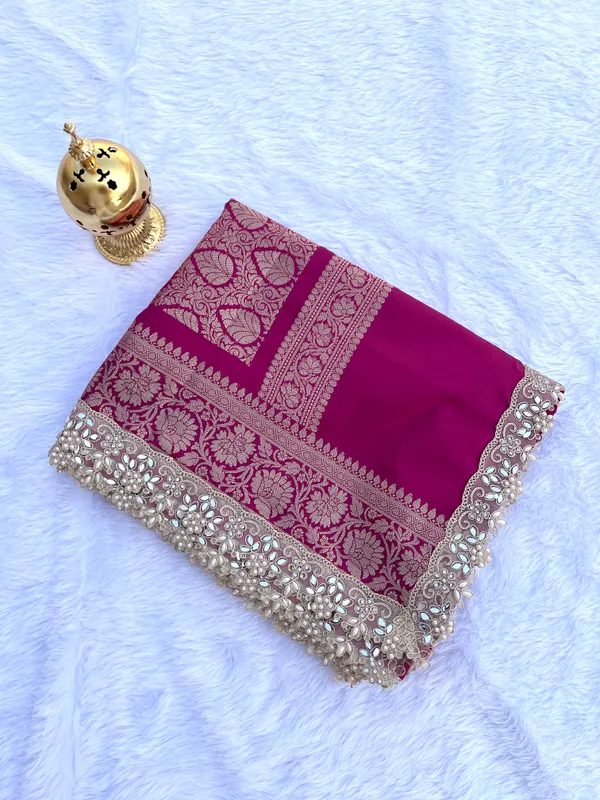 Magenta_Banarasi_Silk_Saree_with_Handcrafted_Mirror_&_Pearl_Lace_Border_|_Traditional_Festive_Saree