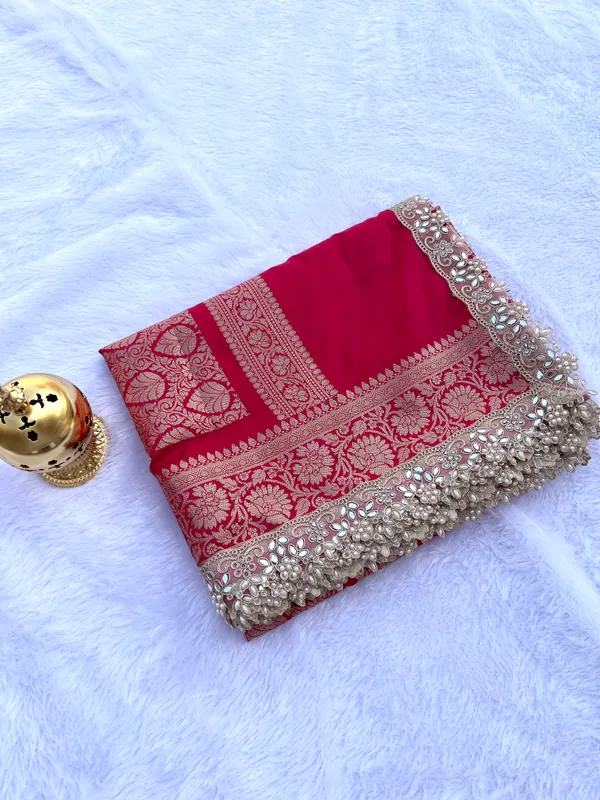Blood_Red_Banarasi_Silk_Saree_with_Handcrafted_Mirror_&_Pearl_Lace_Border_|_Traditional_Festive_Saree