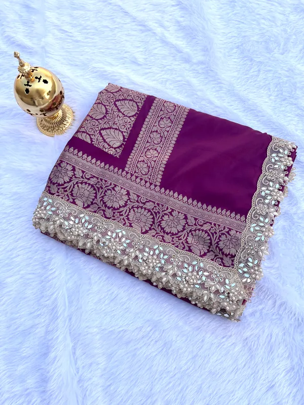 Wine_Banarasi_Silk_Saree_with_Handcrafted_Mirror_&_Pearl_Lace_Border_|_Traditional_Festive_Saree