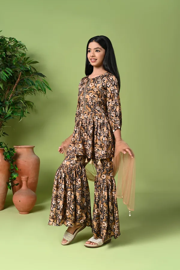 Floral_Printed_Peplum_Kurta_With_Sharara_Net_Dupatta_Brown