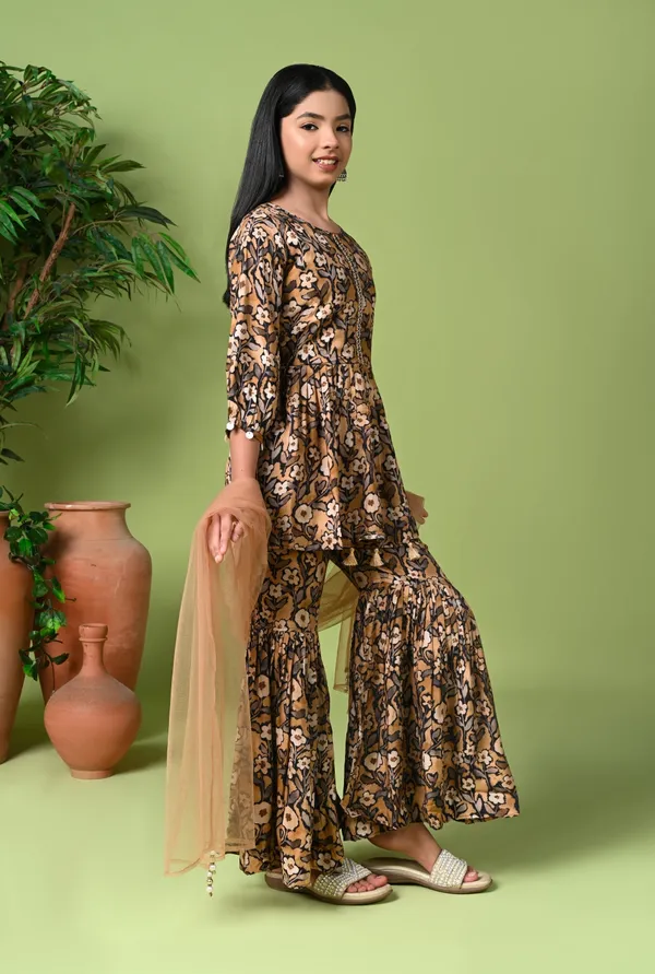 Floral_Printed_Peplum_Kurta_With_Sharara_Net_Dupatta_Brown