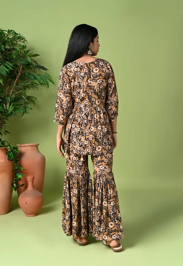 Floral_Printed_Peplum_Kurta_With_Sharara_Net_Dupatta_Brown
