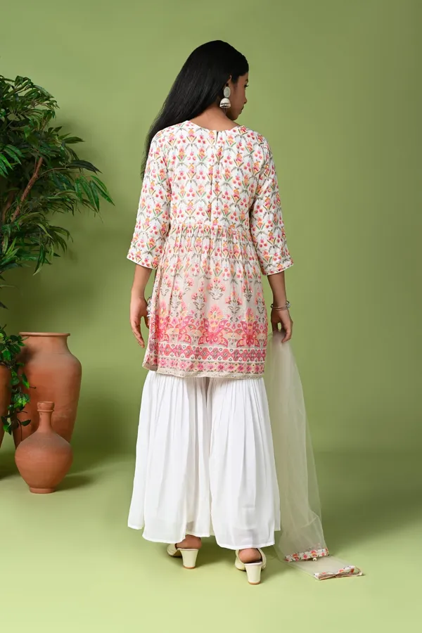 Elegant_Floral_Printed_Kurta_With_White_Sharara_Net_Dupatta_Off_White