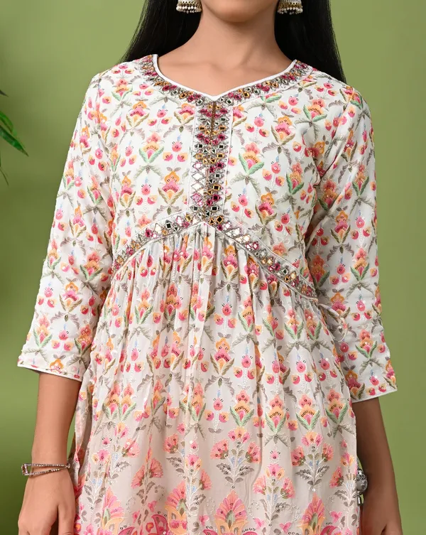 Elegant_Floral_Printed_Kurta_With_White_Sharara_Net_Dupatta_Off_White