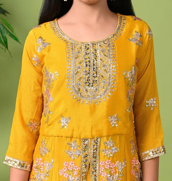 Mustard_Yellow_Embroidered_Long_Kurta_With_Pants_Dupatta_Tussar_Gold