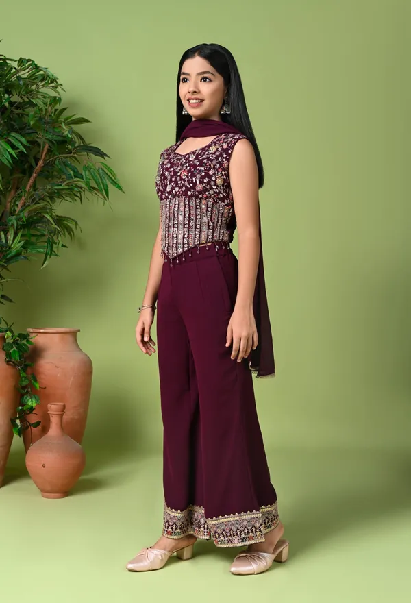 Indo_Western_Wine_Embroidered_Crop_Top_With_Palazzo_Pants_Dupatta_Wine