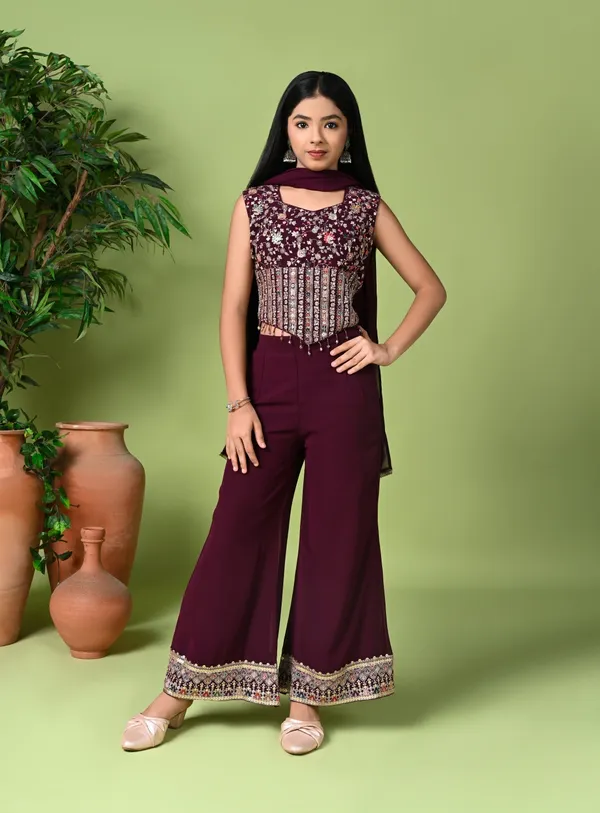 Indo_Western_Wine_Embroidered_Crop_Top_With_Palazzo_Pants_Dupatta_Wine