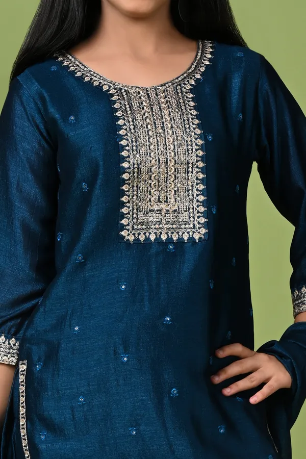 Silk_Embroidered_Kurta_Set_With_Pants_And_Dupatta_Rama_Blue