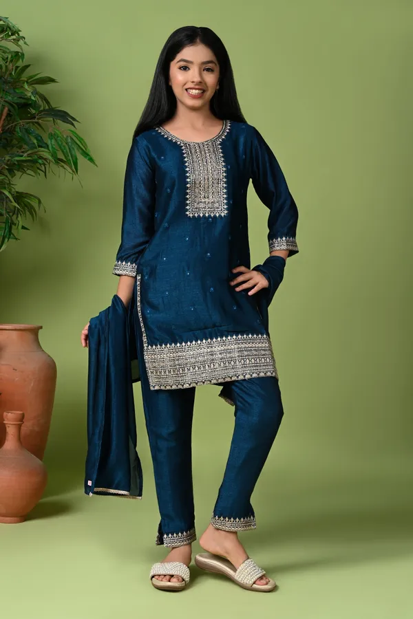 Silk_Embroidered_Kurta_Set_With_Pants_And_Dupatta_Rama_Blue