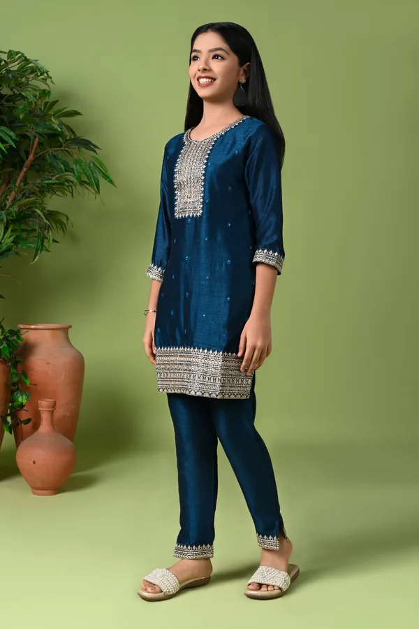 Silk_Embroidered_Kurta_Set_With_Pants_And_Dupatta_Rama_Blue