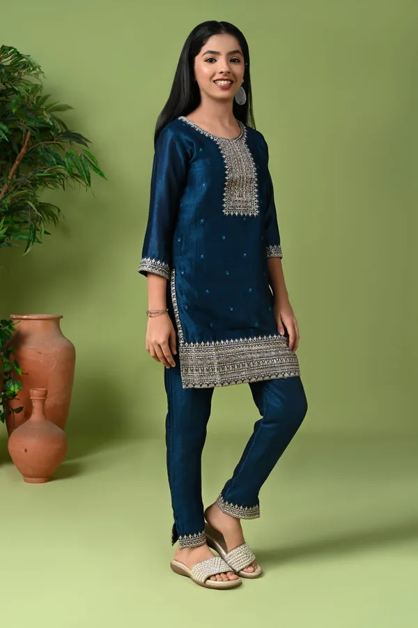 Silk_Embroidered_Kurta_Set_With_Pants_And_Dupatta_Rama_Blue