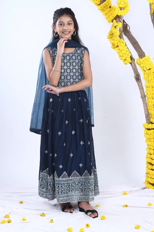 Blue_Silk_Sequins_And_Zari_Embroidery_Gown_Set_With_Dupatta_Blue