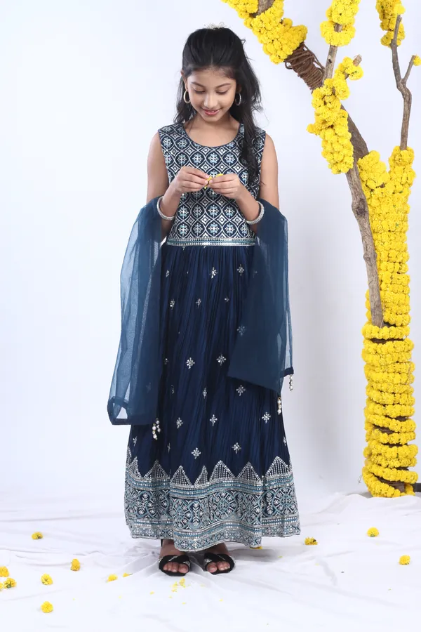 Blue_Silk_Sequins_And_Zari_Embroidery_Gown_Set_With_Dupatta_Blue