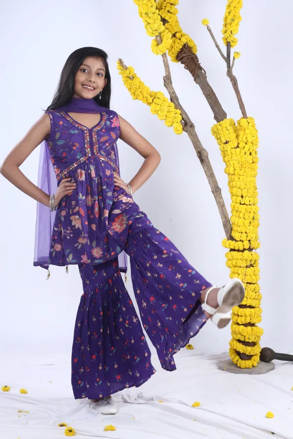 Pure_Silk_Printed_And_Mirror_Work_Sharara_Set_With_Pant_And_Dupatta_Purple