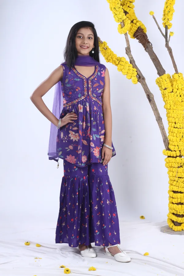 Pure_Silk_Printed_And_Mirror_Work_Sharara_Set_With_Pant_And_Dupatta_Purple