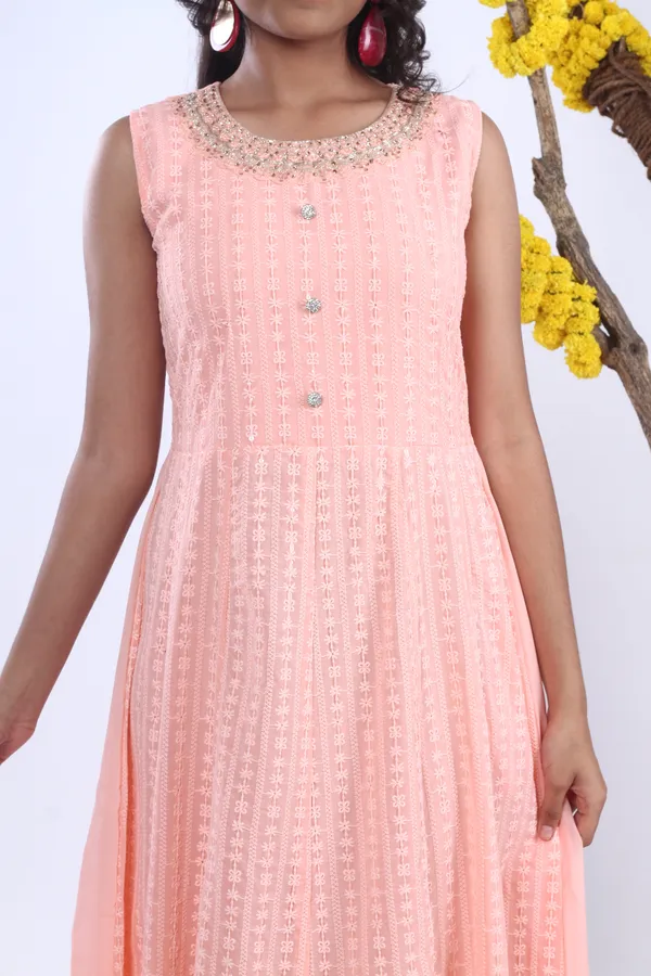 Georgette_Gown_Set_In_Handwork_And_Chikan_Embroidery_With_Dupatta_Peach