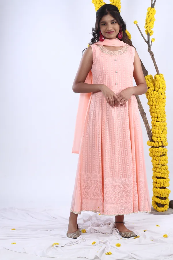 Georgette_Gown_Set_In_Handwork_And_Chikan_Embroidery_With_Dupatta_Peach