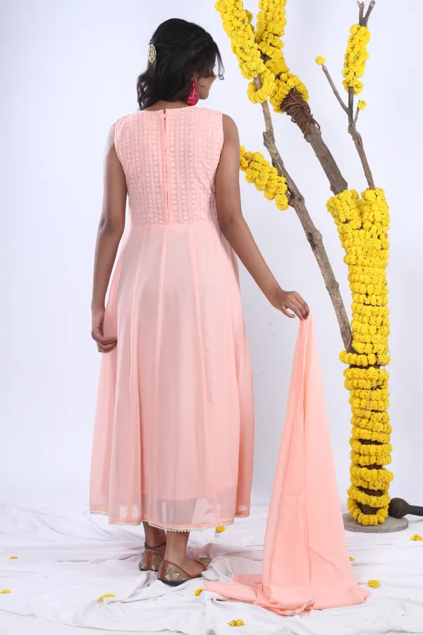 Georgette_Gown_Set_In_Handwork_And_Chikan_Embroidery_With_Dupatta_Peach