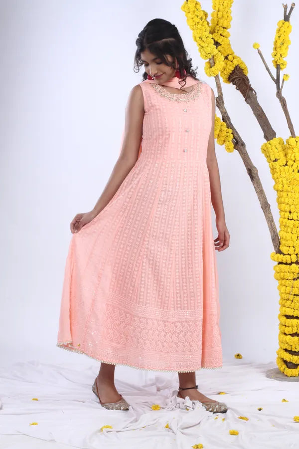 Georgette_Gown_Set_In_Handwork_And_Chikan_Embroidery_With_Dupatta_Peach