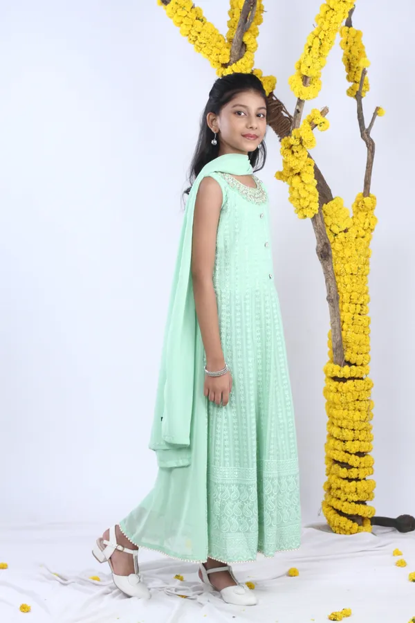 Georgette_Gown_Set_In_Handwork_And_Chikan_Embroidery_With_Dupatta_Green