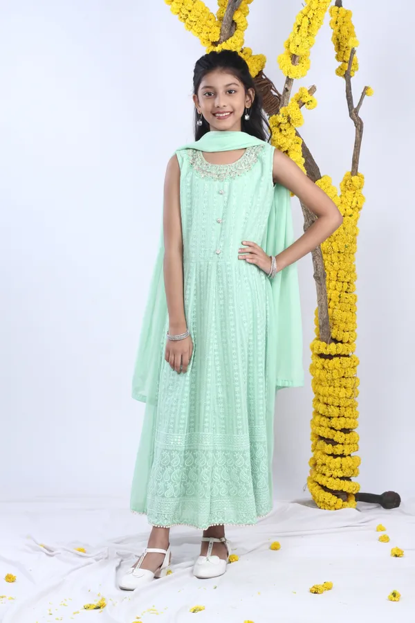 Georgette_Gown_Set_In_Handwork_And_Chikan_Embroidery_With_Dupatta_Green