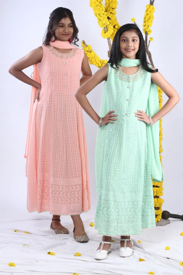 Georgette_Gown_Set_In_Handwork_And_Chikan_Embroidery_With_Dupatta_Green