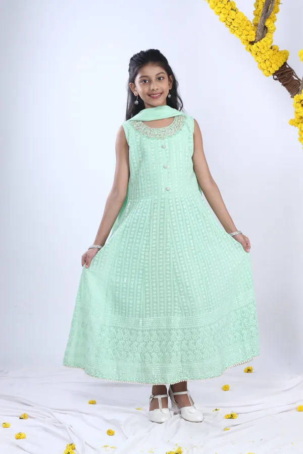 Georgette_Gown_Set_In_Handwork_And_Chikan_Embroidery_With_Dupatta_Green