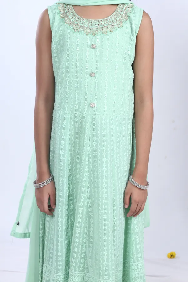 Georgette_Gown_Set_In_Handwork_And_Chikan_Embroidery_With_Dupatta_Green