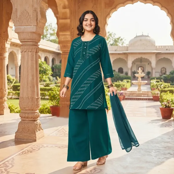 Embroidered_Rama_Kurti_Palazzo_Set_With_Dupatta
