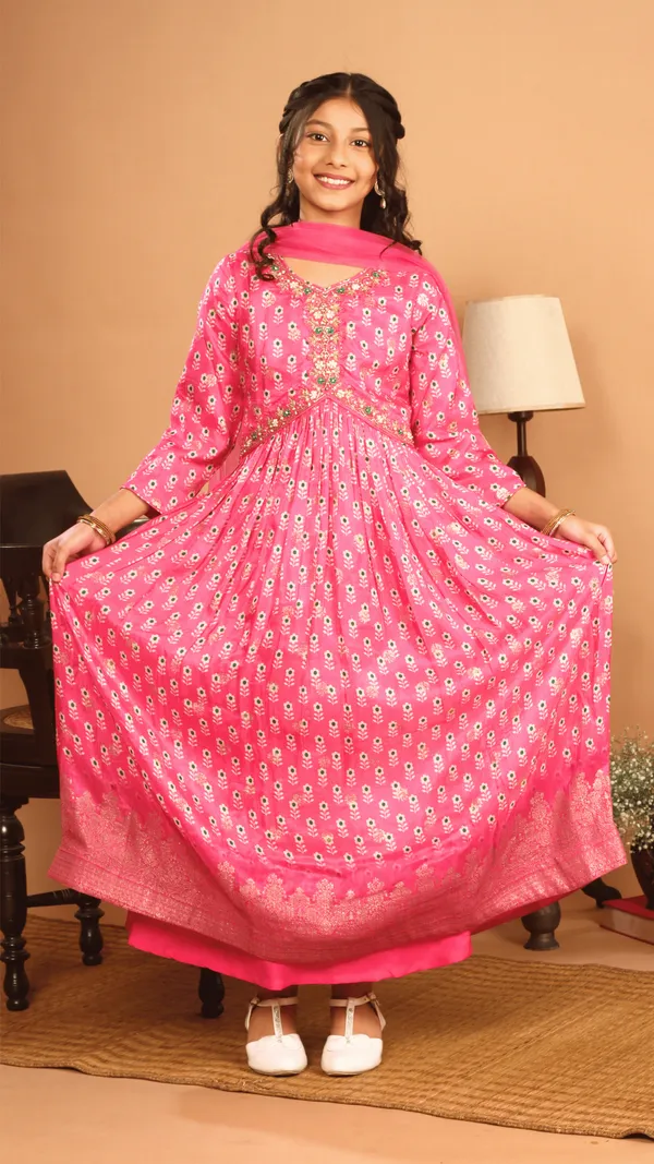 Jacquard_Embroidered_And_Printed_Rani_Colour_Gown_Set_With_Dupatta