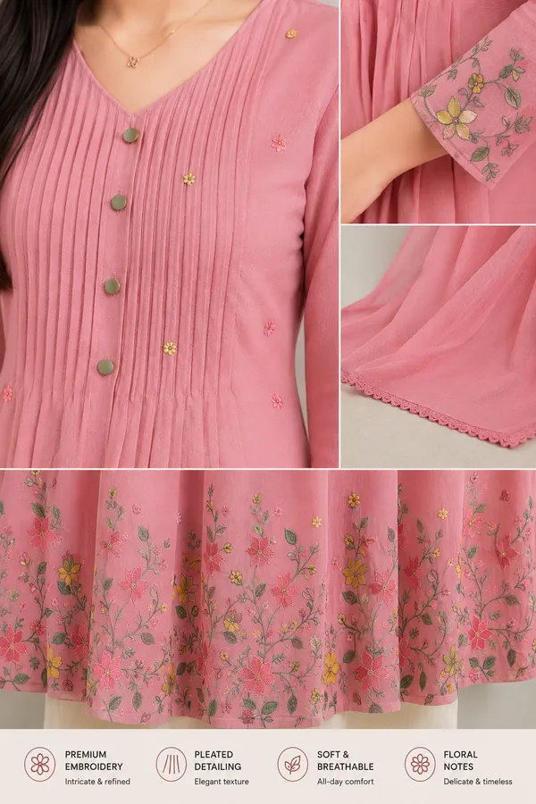 Cotton_Pink_Mulmul_Pleated_Gown_With_Exclusive_Embroidery_With_Pant_And_Dupatta_Set