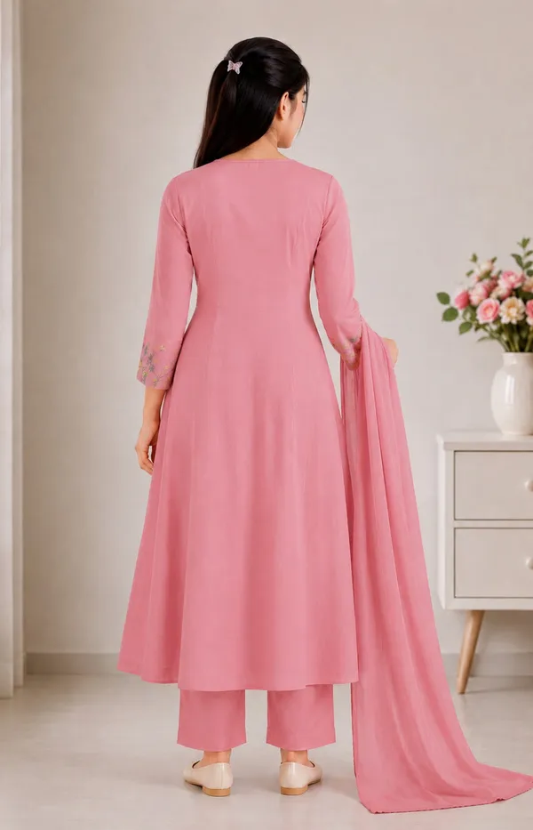 Cotton_Pink_Mulmul_Pleated_Gown_With_Exclusive_Embroidery_With_Pant_And_Dupatta_Set