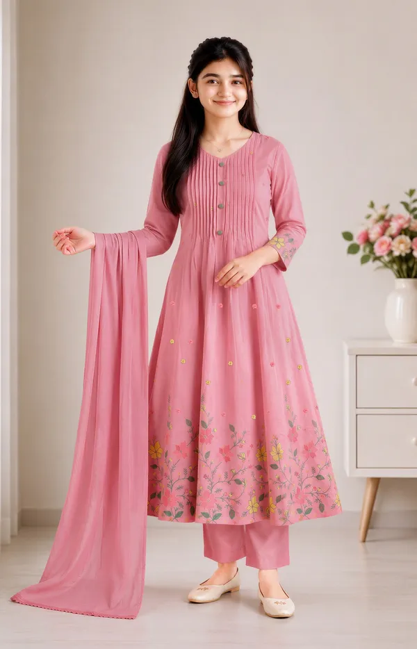Cotton_Pink_Mulmul_Pleated_Gown_With_Exclusive_Embroidery_With_Pant_And_Dupatta_Set