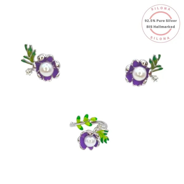 Lavender_Enamel_Blossom_Pearl_Ring_Adjustable_Ring_With_Earrings