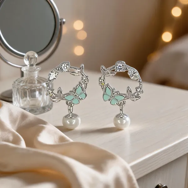 Mint_Butterfly_Pearl_Drop_Earrings